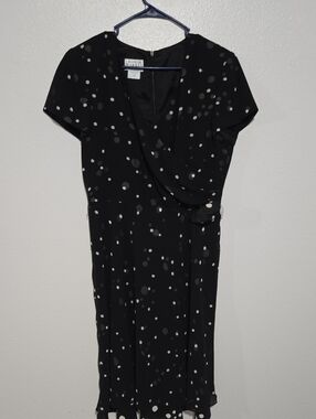 David Warren Black Polka Dot Surplice Dress